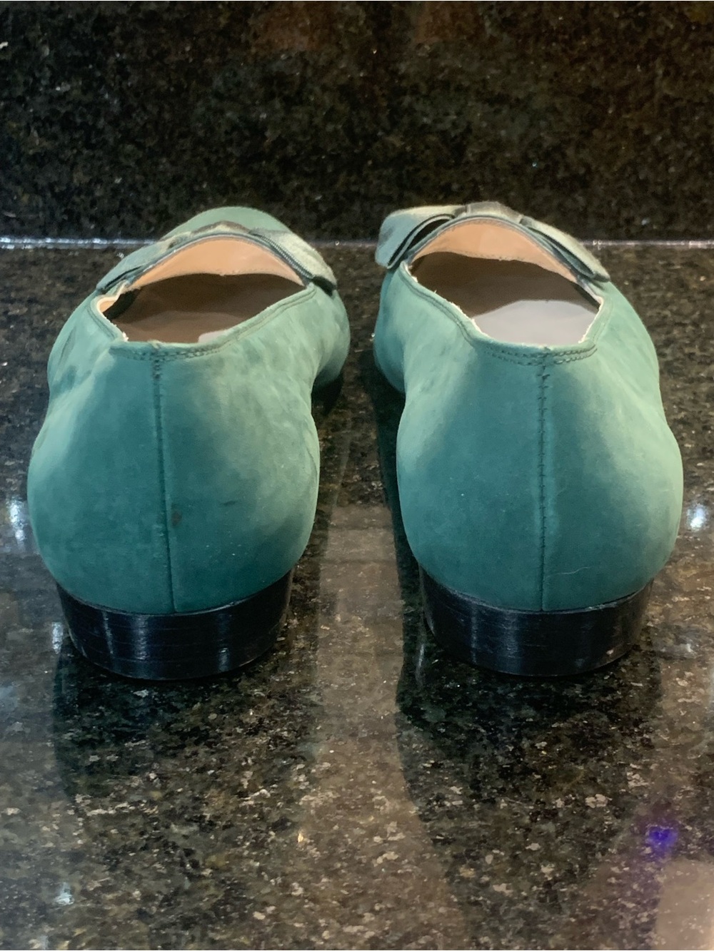 Salvatore Ferragamo Women’s Size 7 B Suede Flat .5” Heel Deep Green Satin Bow - Picture 14 of 15